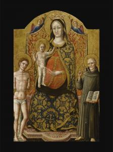 MASTER OF STAFFOLO 1400-1400,MADONNA AND CHILD ENTHRONED WITH SAINT SEBASTIAN, ,Sotheby's 2019-01-30