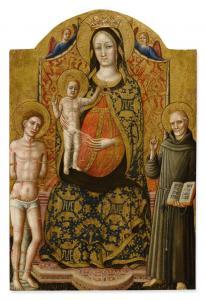 MASTER OF STAFFOLO 1400-1400,MADONNA AND CHILD ENTHRONED WITH SAINT SEBASTIAN, ,Sotheby's 2019-12-18