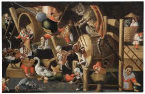 MASTER OF THE FERTILITY OF THE EGG 1600-1700,A grotesque scene with a cat beating ,Palais Dorotheum 2024-04-24