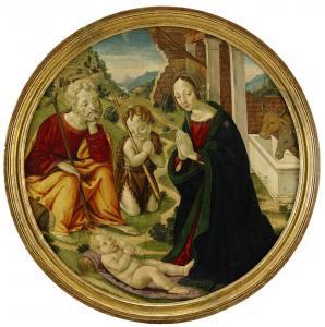 MASTER OF THE LIVERPOOL MADONNA 1495-1500,Den heliga familjen med Johanne,Stockholms Auktionsverket 2014-12-02