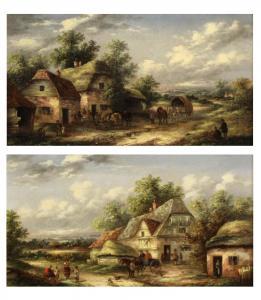 MASTERS Edwin,Figures, horse and cart before thatched cottages,19th century,Keys 2019-07-24