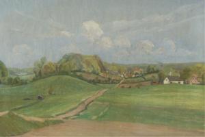 MATHIESIN H.J,Country landscape with dirt road and town,1918,Quinn's US 2012-03-03
