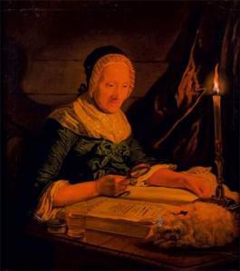 MATHIEU David 1697-1755,Dame lisant un livre à la chandelle près de son chien,Piasa FR 2008-12-17