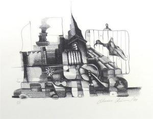 MAURICIO Ruiz,Abstraktes Gebäude mit Vogel im Käfig,1980,Reibnitz DE 2015-05-08
