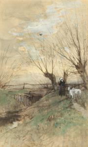 MAUVE Anton Rudolf 1876-1962,Landscape with Woman and Goats,Cottone US 2021-11-05