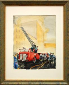 McDONNELL Arch 1909-1978,Firemen with Ladder Truck on the Scene,Clars Auction Gallery US 2009-12-05