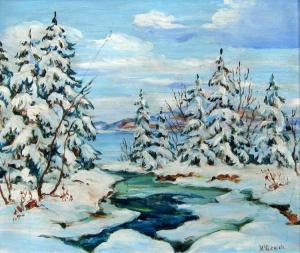 MCGEOCH LILLIAN JEAN 1903-1992,Snow covered trees at lake's edge,Westbridge CA 2017-04-09
