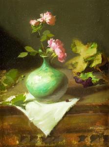 MCGRAW Sherrie 1954,Green Vase with Pink Roses,Jackson Hole US 2018-09-14