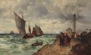 MEADOWS William 1870-1895,Figures on a jetty with fishing boats returning,Sworders GB 2021-09-14