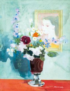 MEDVECZKY Jenö 1902-1969,Flower still life with portrait,Nagyhazi galeria HU 2015-12-16