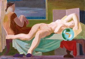 MEDVECZKY Jenö 1902-1969,Lying nude with goldfish,1940,Nagyhazi galeria HU 2017-12-05