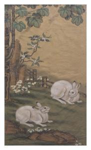 MEI LENG 1677-1745,rabbits amongst chrysanthemums and rocks in a gard,Hindman US 2012-03-28