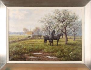 MEILOF Ron 1953-2016,Dutch landscape with horses at fruit trees,Twents Veilinghuis NL 2018-04-20