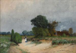 MEINZOLT Georg M.,Landscape with a woman walking near a thatched cot,Bruun Rasmussen 2020-07-27