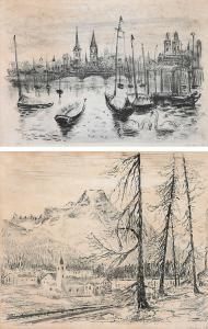 MEISSER Leonhard 1902-1977,Zwei Lithografien: Ansicht von Zürich. Häuser und ,Engel DE 2021-06-26