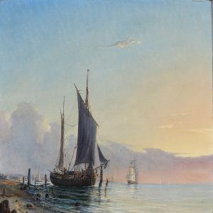 MELBYE Fritz Sigfried G,A sunny coastal scene with a ship at quay,1849,Bruun Rasmussen 2015-10-05