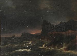 MELBYE Vilhelm 1824-1882,Sailing ship by a rocky coast at night time,1870,Bruun Rasmussen 2024-01-08