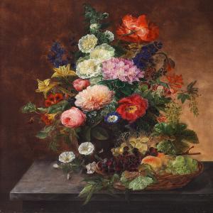 MELCHIOR henriette,Various flowers in a vase and fruit in a basket on,Bruun Rasmussen 2010-03-08