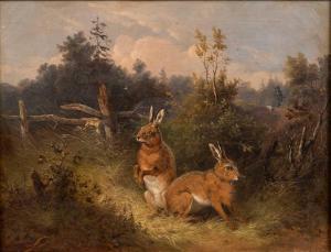 MELCHIOR Wilhelm 1817-1860,two hares hiding from a hunter and a dog,Mallams GB 2022-07-11