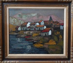 MENGELS Hubertus Johannes 1921-1995,Fishing village at foot of hills,Andrew Smith and Son 2021-04-15