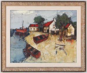 MENGELS Hubertus Johannes 1921-1995,village harbor scene,South Bay US 2021-12-04