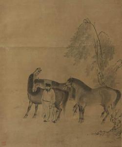 MENGFU ZHAO 1254-1322,Groom with Three Horses Beside a Willow Tree,Weschler's US 2015-12-04