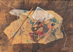 Mentzel Albert 1909-1994,Nature morte à la plume et au pinceau,1955,Binoche et Giquello 2023-02-03