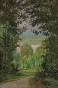MERCIER Charles 1832-1909,Paysage au village vu à travers un sous - bois.,Ader FR 2013-04-11