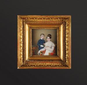 MERCIER Hyacinthe 1808-1839,« Jeune femme assise avec son fils en uniforme lui,Osenat FR 2014-03-23