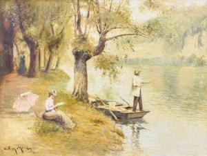 MERCIER William 1939,River landscape with man fishing from a punt,Tennant's GB 2022-12-16