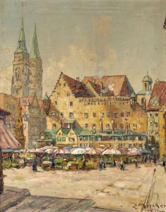MERCKER Erich 1891-1973,Blick auf den Hauptmarkt in Nürnberg mit Lorenzkir,Zeller DE 2024-04-04