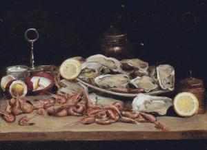 MERLETTE Charles 1861-1899,Oysters, prawns and lemons on a table,1888,Christie's GB 2013-01-31