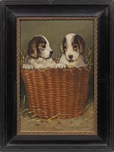 MESTERHAZY Kalaman 1857-1898,Zwei Hundewelpen in einem Weidenkorb,Schloss DE 2020-02-29