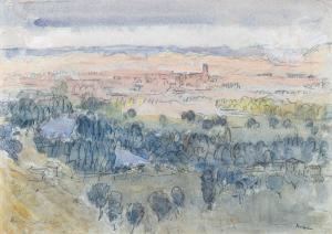 METHUEN Paul Ayshford 1886-1974,Landscape with buildings and towe,1952,Bearnes Hampton & Littlewood 2024-02-13