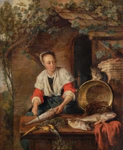 METSU Gabriel 1629-1667,A maid cleaning fish outside a house,Sotheby's GB 2023-07-05