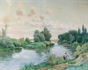 MEUNIER R. V 1800-1800,Couple de pêcheurs sur la Seine pr,Saint Germain en Laye encheres-F. Laurent 2014-03-30