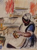 MEYER ASTRID 1930,Kitchen interior with figure polishing a saucepan,Mallams GB 2015-10-07