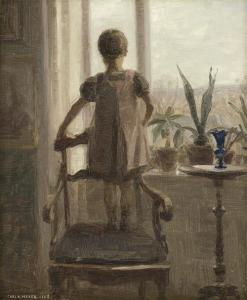 MEYER Carl Theodor 1860-1932,Interieur mit kleinem, zum Fenster herausschauen,1908,Galerie Bassenge 2018-12-01