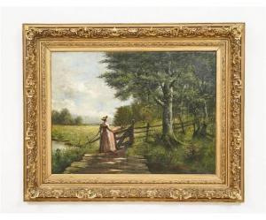 MEYER Emil H. 1863,landscape of a woman by a fence,19th century,Wiederseim US 2022-03-26