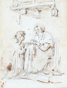 MEYER Ernst 1797-1861,A little girl kneeling by an old woman holding a r,Bruun Rasmussen 2023-03-06