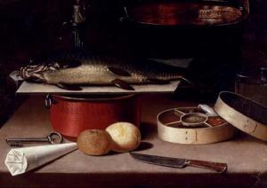 MEYER Hans Georg,A fish on a board, copper pots, lemons, a key, a b,1667,Christie's 2007-04-19