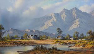 MEYER Hentie 1940,Mountain Landscape with Cape Dutch Cottages,5th Avenue Auctioneers ZA 2023-04-16