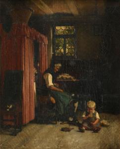 MEYERHEIM Franz Eduard 1838-1880,Interior with an old lady spinning wool and ,1860,Woolley & Wallis 2021-08-11