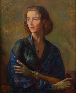 MICHALAK Antoni 1902-1975,Portret kobiety z kobaltowym szalem,1959,Desa Unicum PL 2023-06-15
