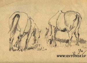 Miesnieks Karlis 1887-1977,Thr horses at grass,Antonija LV 2009-05-29