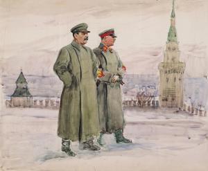 Mikhailovich Gerasimov Alexandr 1881-1963,I.V. Stalin and K.E. Voroshilov on a walk in ,1938,Sovcom 2024-02-20