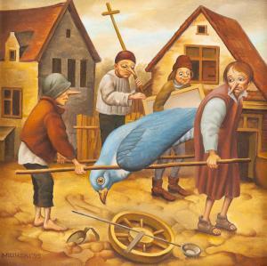 Miliński Dariusz 1957,Chłopi niosący olbrzymiego ptaka,1995,Desa Unicum PL 2023-12-19