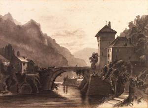 MILLER E,Riverside town with stone bridge,1907,Capes Dunn GB 2020-01-14