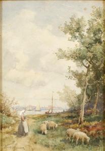 MILLER James Robertson,On the Maas - with a Dutch girl with sheep,Hampton & Littlewood 2008-10-29