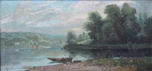MILLION Joseph 1861-1931,Pêcheur en barque en bord de rivière,Lombrail - Teucquam FR 2020-06-26
